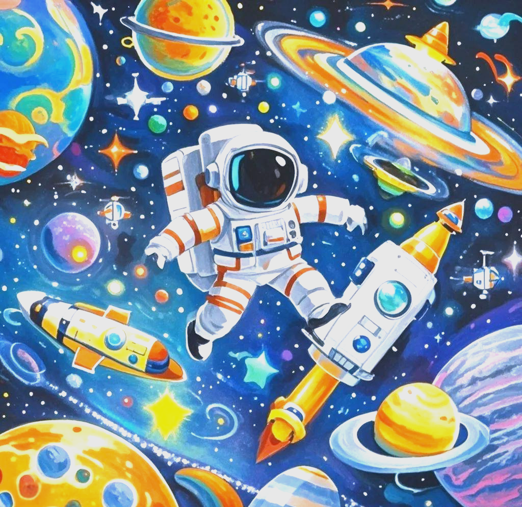 合作绘画:组织孩子们共同创作一幅大型的太空画,每位孩子负责绘制其中