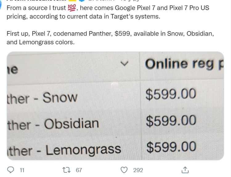 谷歌 Pixel 7 / Pro 手机售价和配色遭曝光