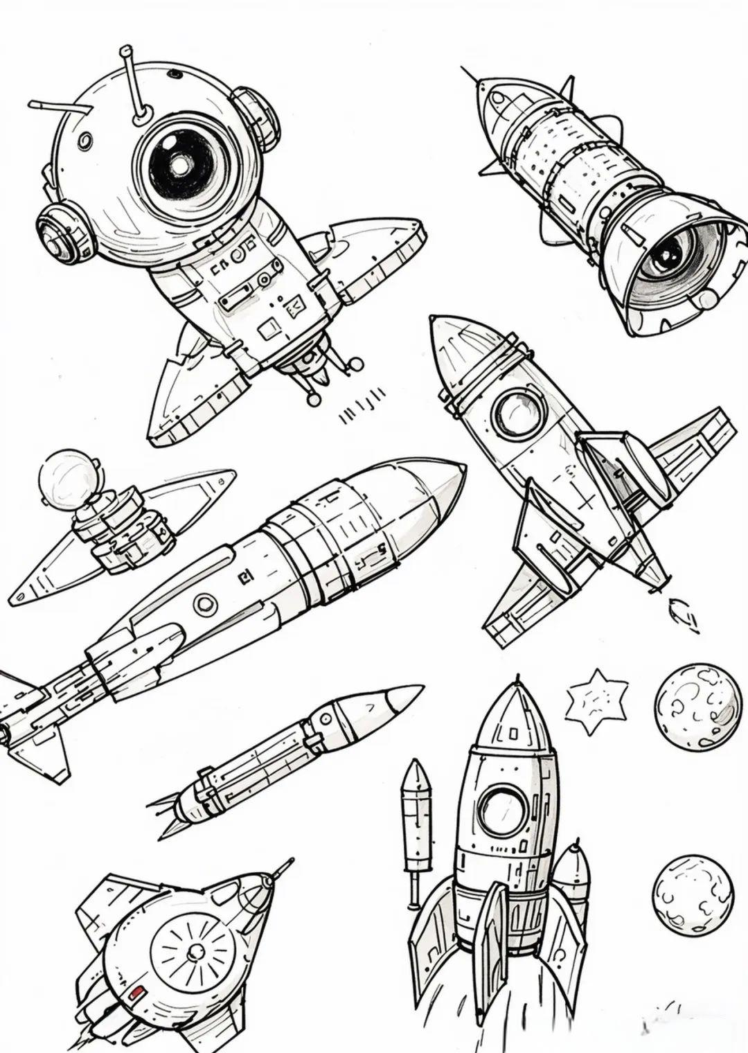以火箭,飞船等科技主题为背景的绘画大赛获奖素材,包含黑白线稿与马克