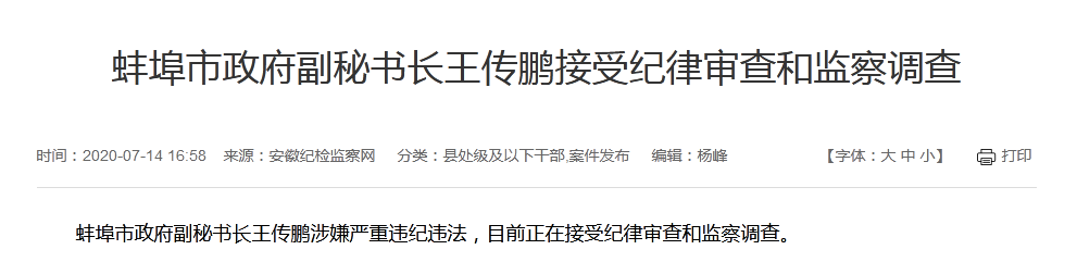 蚌埠市政府副秘书长王传鹏接受审查调查