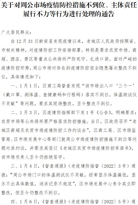 【通告】关于对周公市场疫情防控措施不到位,主体责任履行不力等行为