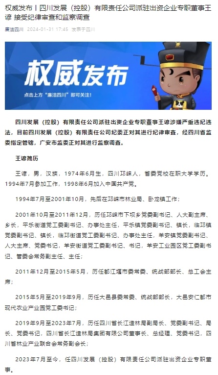 四川发展(控股)有限责任公司派驻出资企业专职董事王谚接受审查调查
