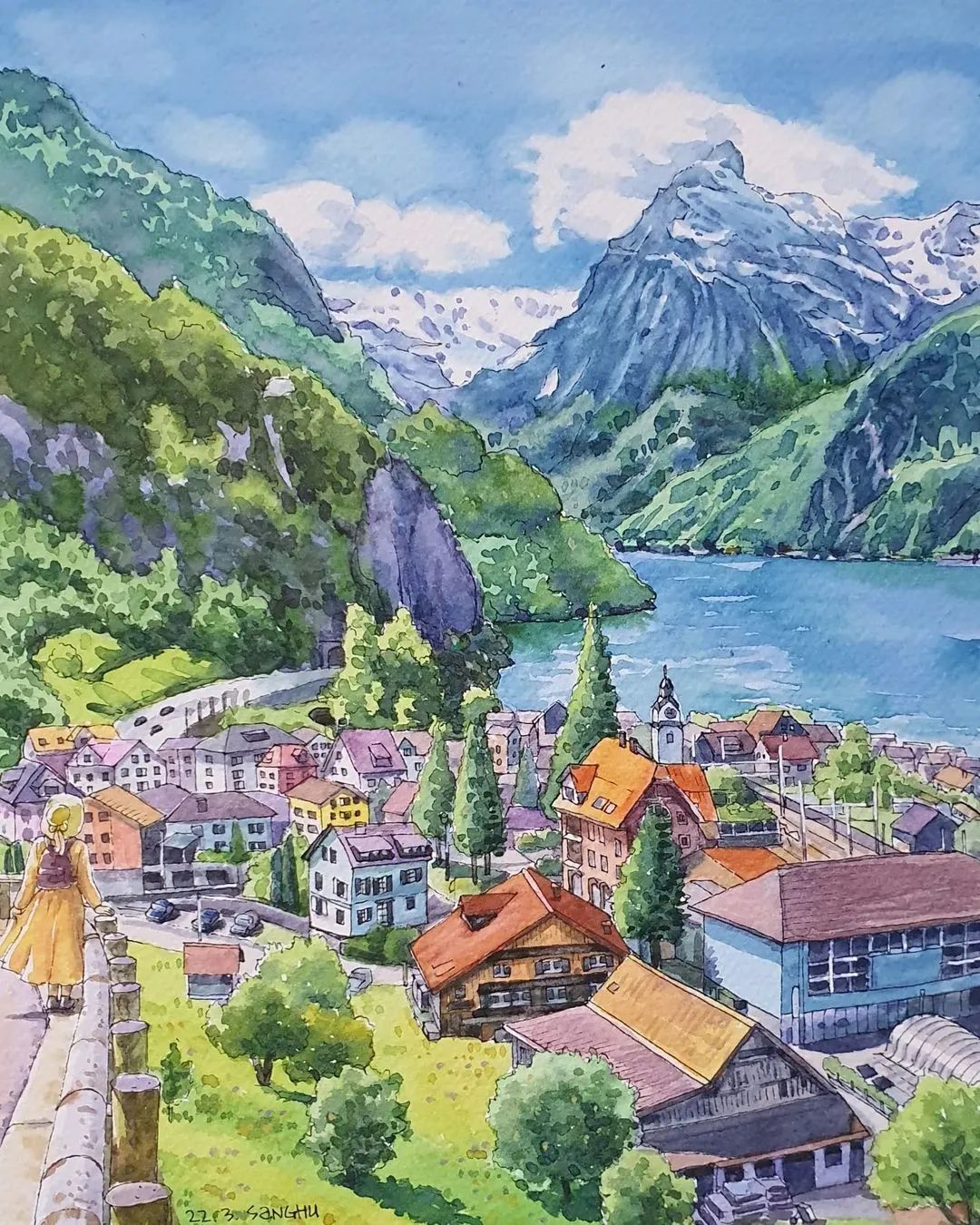 水彩|钢笔淡彩绘画步骤 sanghu 建筑水彩 风景水彩