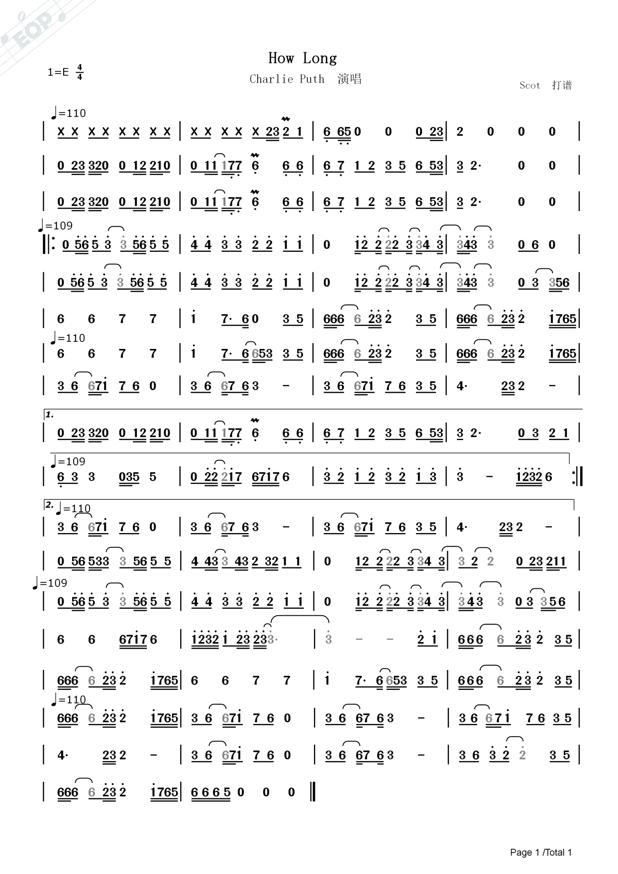 「欧美金曲」how long_charlie puth(断眉哥)演唱——动态简谱