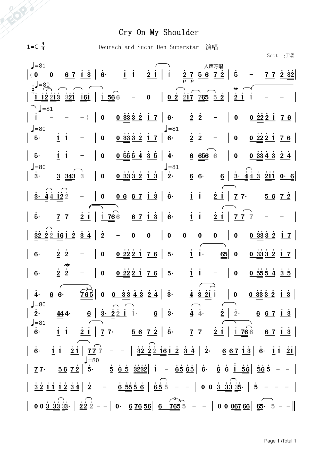 「德国励志神曲」cry on my shoulder_dsds节目组创作——动态简谱