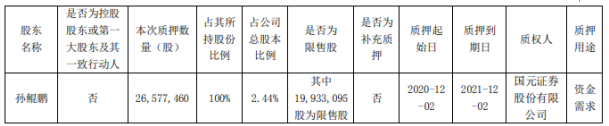 丽鹏股份股东孙鲲鹏质押2657.75万股 用于资金需求