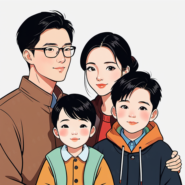 亲子头像|一家四口哥哥和弟弟创意插画风格头像