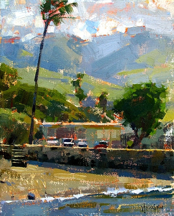 女画家的油画颜色鲜明,笔触明快简单,具有丰富的情感色彩