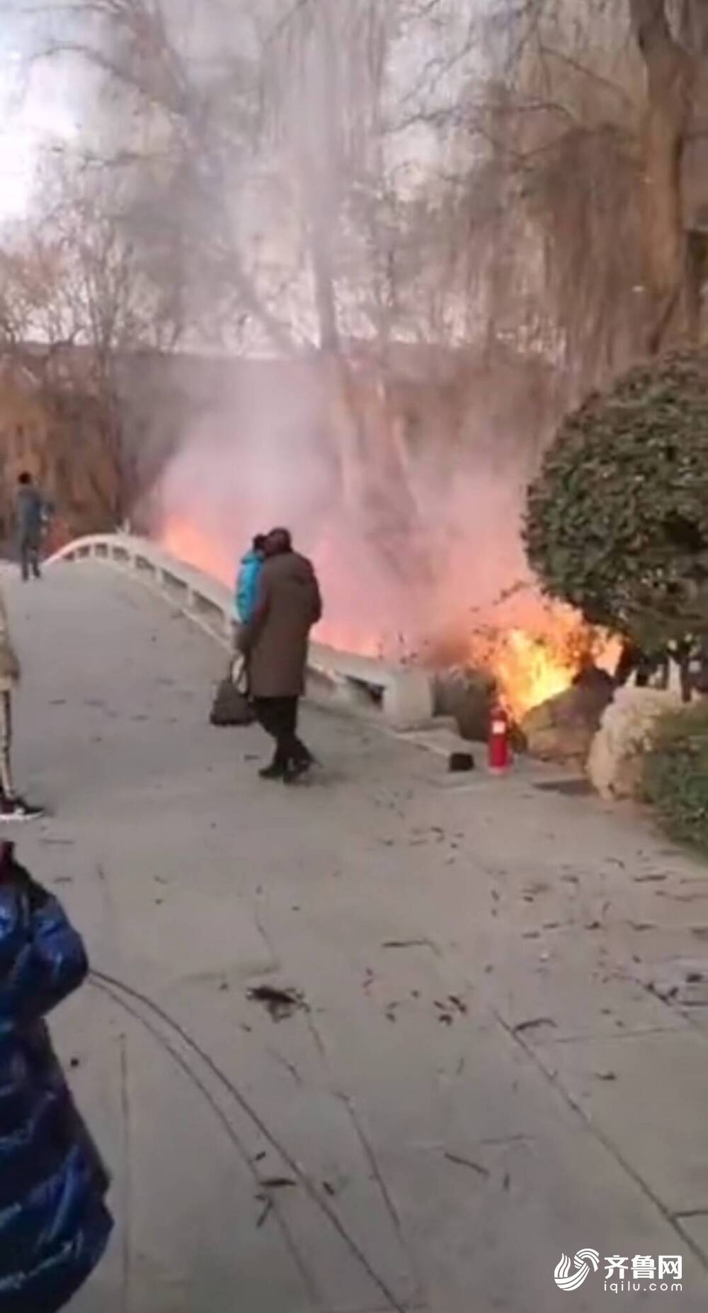 大明湖景区内一处小桥附近起火 疑似人为所致