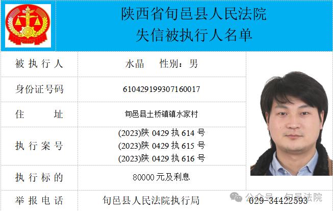 旬邑法院2024年第一期失信人员名单公布