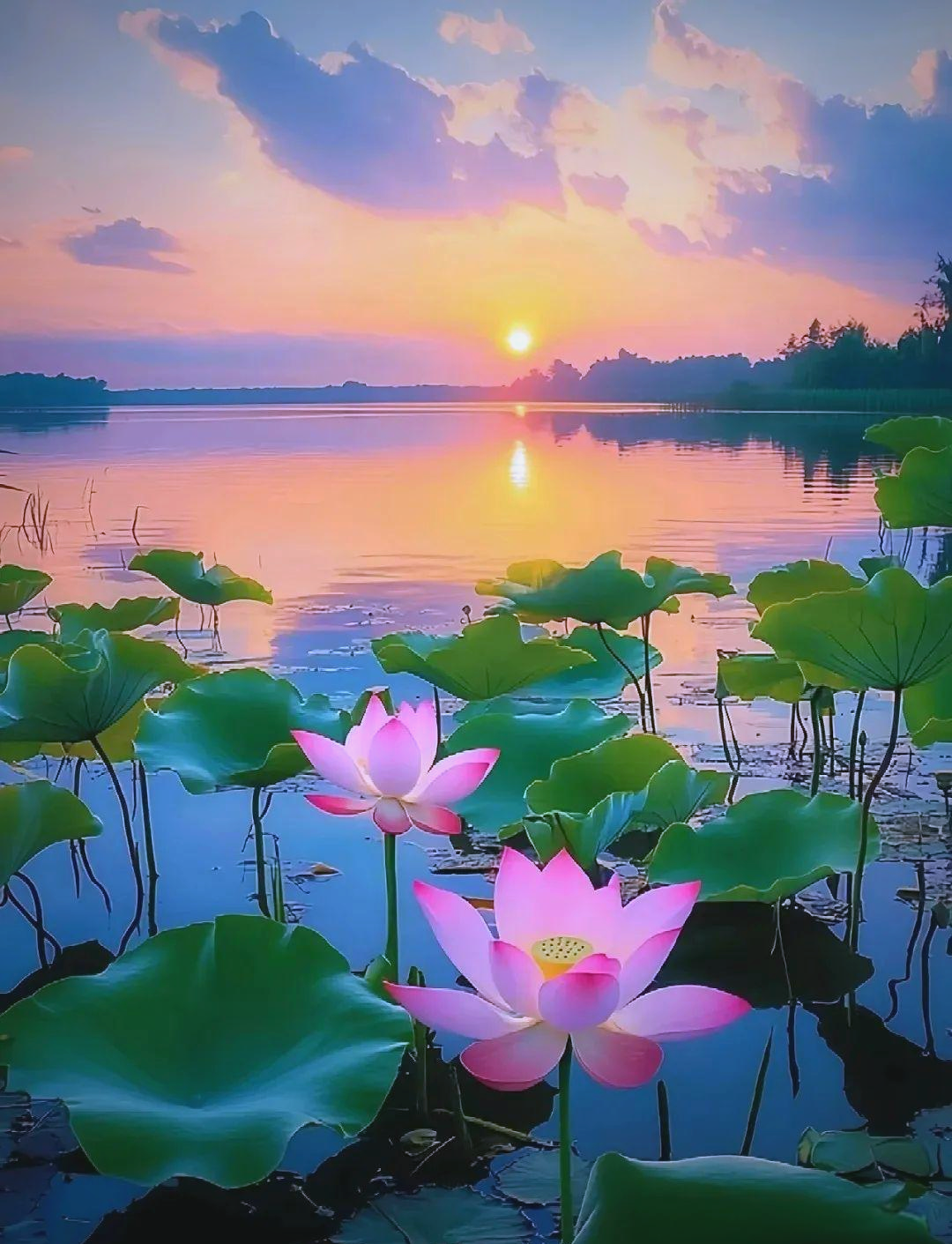 在夕阳的余晖映照下,我踏入了这片静谧的荷塘