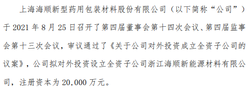 海顺新材拟对外投资2亿设立全资子公司浙江海顺新能源材料有限公司