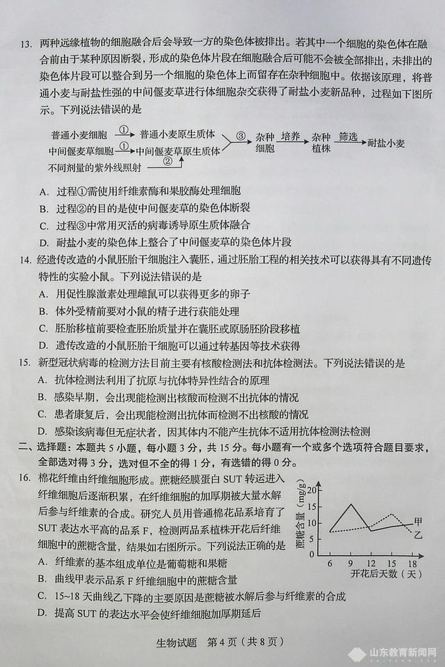 2020年山东高考普通高中学业水平等级考试生物试题及参考答案