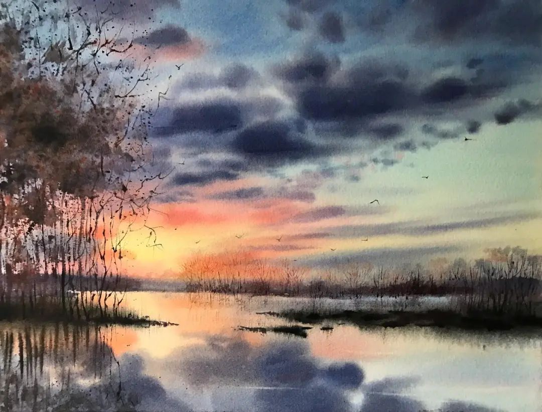 水彩|水彩风景 黄昏晚霞 水天一色 天空 水面的刻画 艺术家Марин