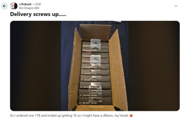 玩家网购一块1TB SSD竟收到10块 网友支招：退一块留自用 剩下全卖掉