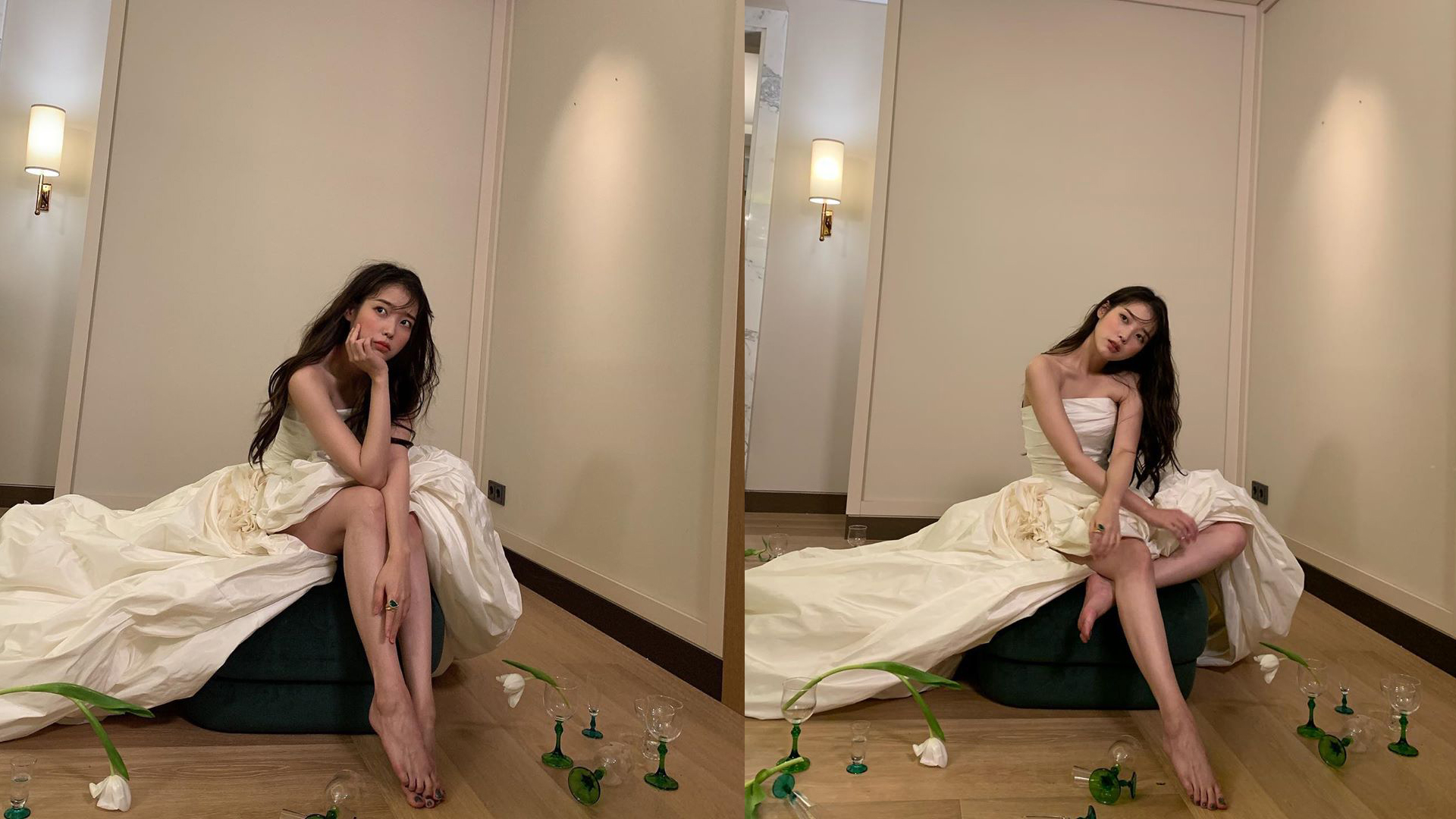 "我努力工作的脚尖"李知恩(iu),纯白礼服之间的性感曲线美