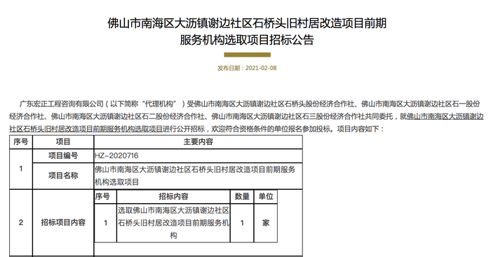 开招服务机构!大沥谢边石桥头村整村改造前期启动