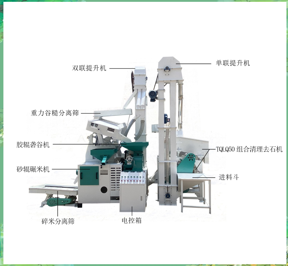 该设备包含tqlq50组合清理去石机,6寸胶辊砻谷机,重力谷糙分离筛,砂辊