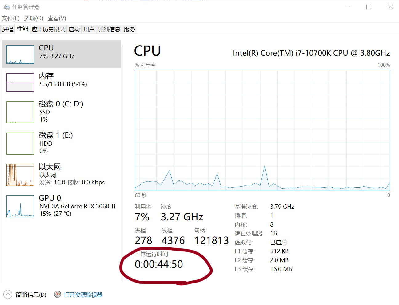 任务管理器窗口中,我们可以轻松地切换到性能选项卡,然后点击cpu选项