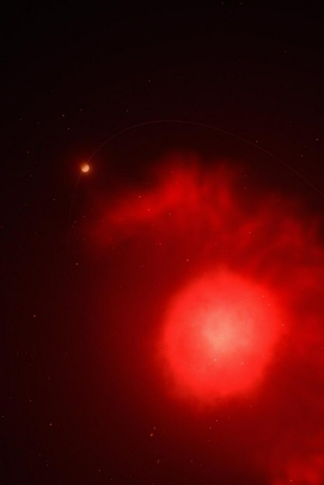 艺术家描绘一颗垂死的主序恒星和环绕它运行的行星,这颗恒星处于红