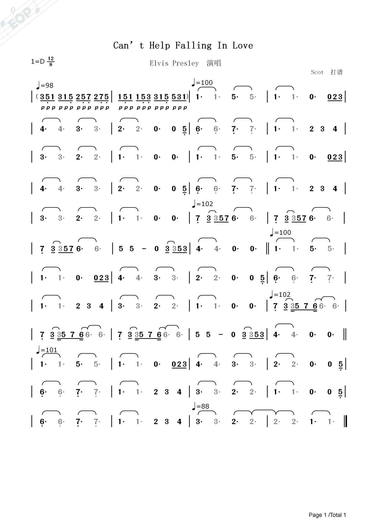 「歌曲」cant help falling in love_elvis presley演唱动态简谱