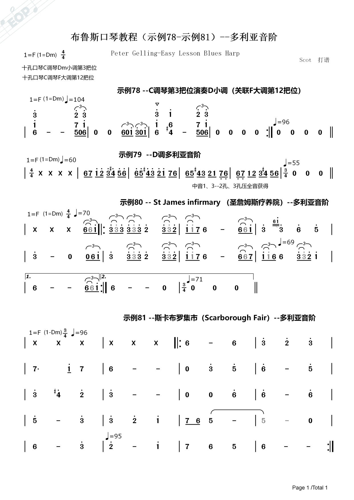 「皮特·格林」布鲁斯口琴教程(示例78-示例81)——动态简谱