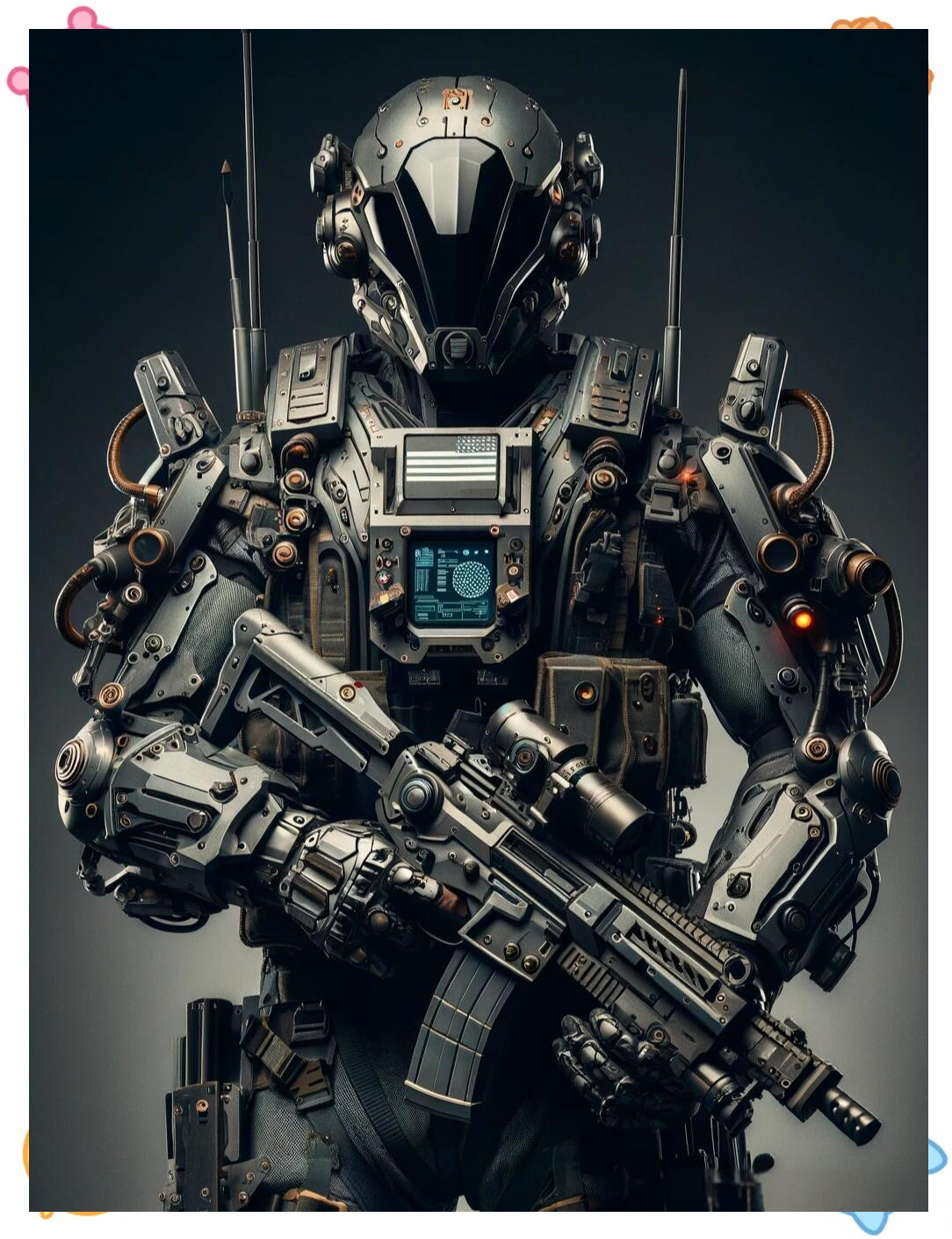 这款战甲以厚重且坚固的重型装甲为基础设计,选用了钛合金与碳纤维等