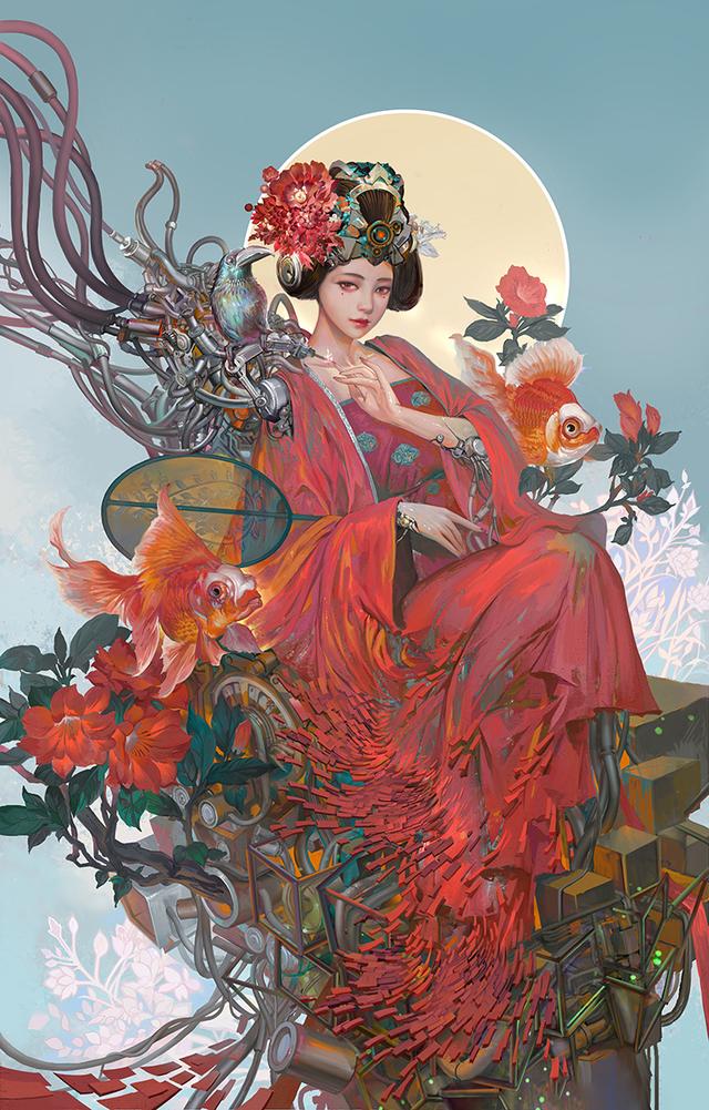 国风美女机械风格插画作品