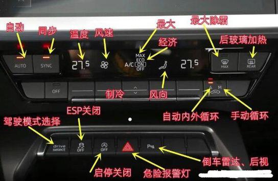 老款奥迪汽车的制冷功能控制键,安设在空调操控板上