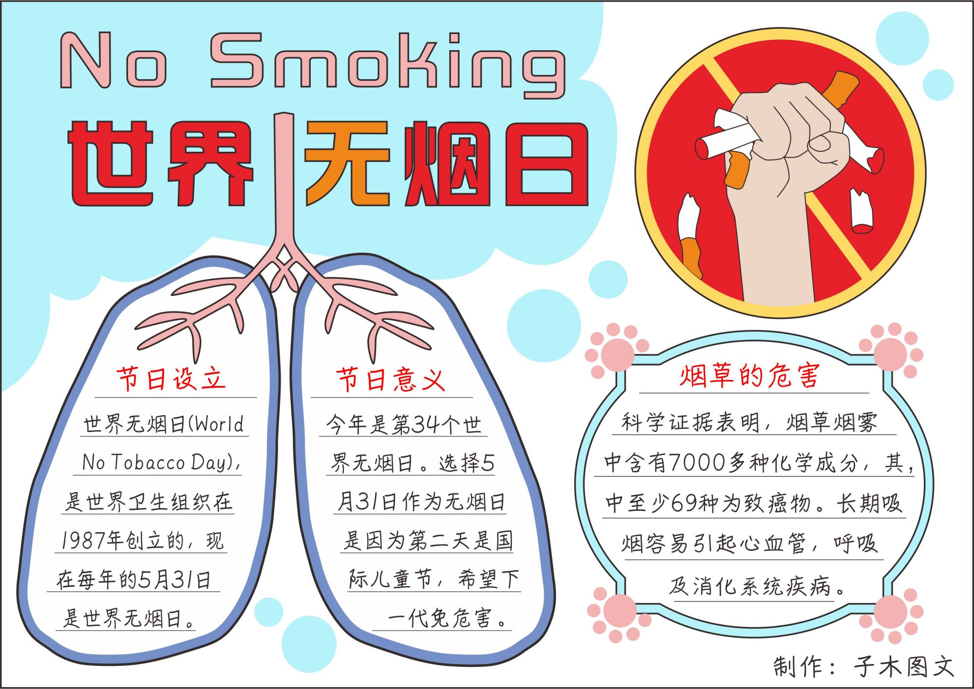 2021世界无烟日主题学生手抄报空白模板,简单漂亮文字内容清楚