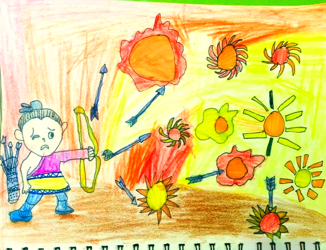 作品点评在神话故事的引领下,小画家们深入了解了后羿射日的传说,不仅