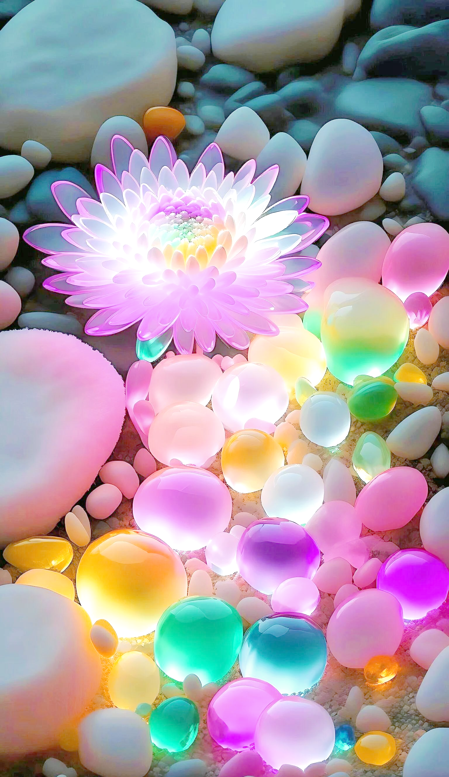 彩色透明鹅卵石的奇幻魅力与浪漫氛围