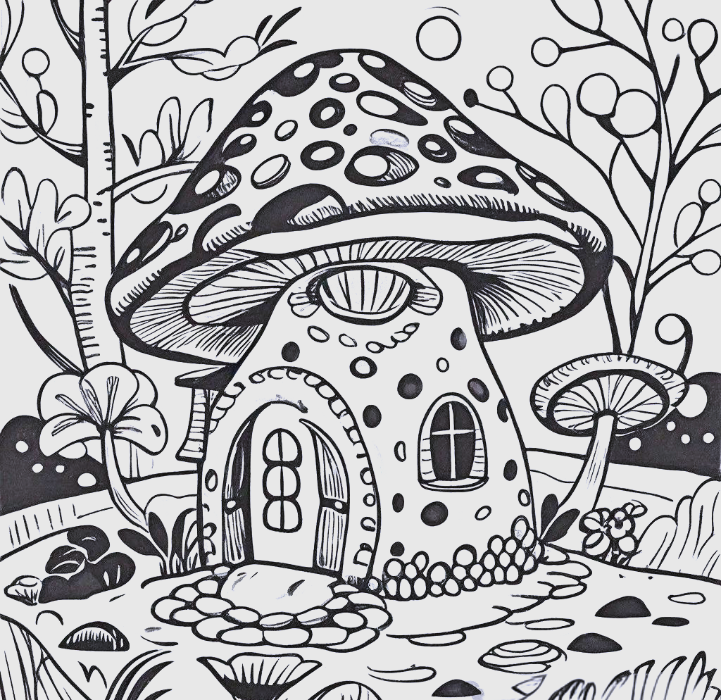 蘑菇主题的黑白线稿创意儿童画手绘指南