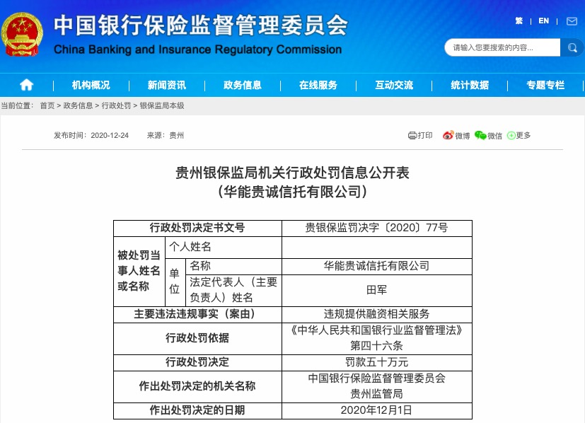 华能贵诚信托违规提供融资相关服务,被罚款50万元