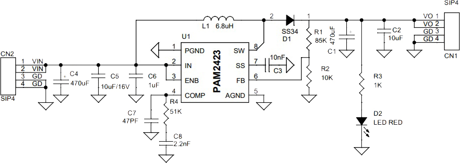 pam2423芯片升压dc-dc转换器5v输入12v输出电路