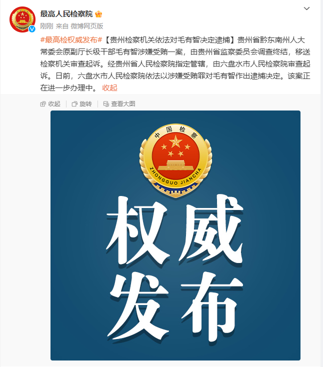 贵州省黔东南州人大常委会原副厅长级干部毛有智被决定逮捕