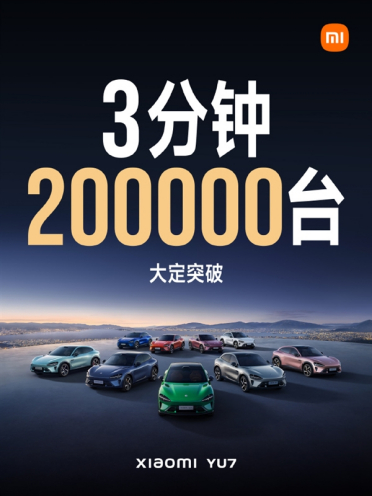 25.35万起爆单了！小米YU7 3分钟大定突破200000台