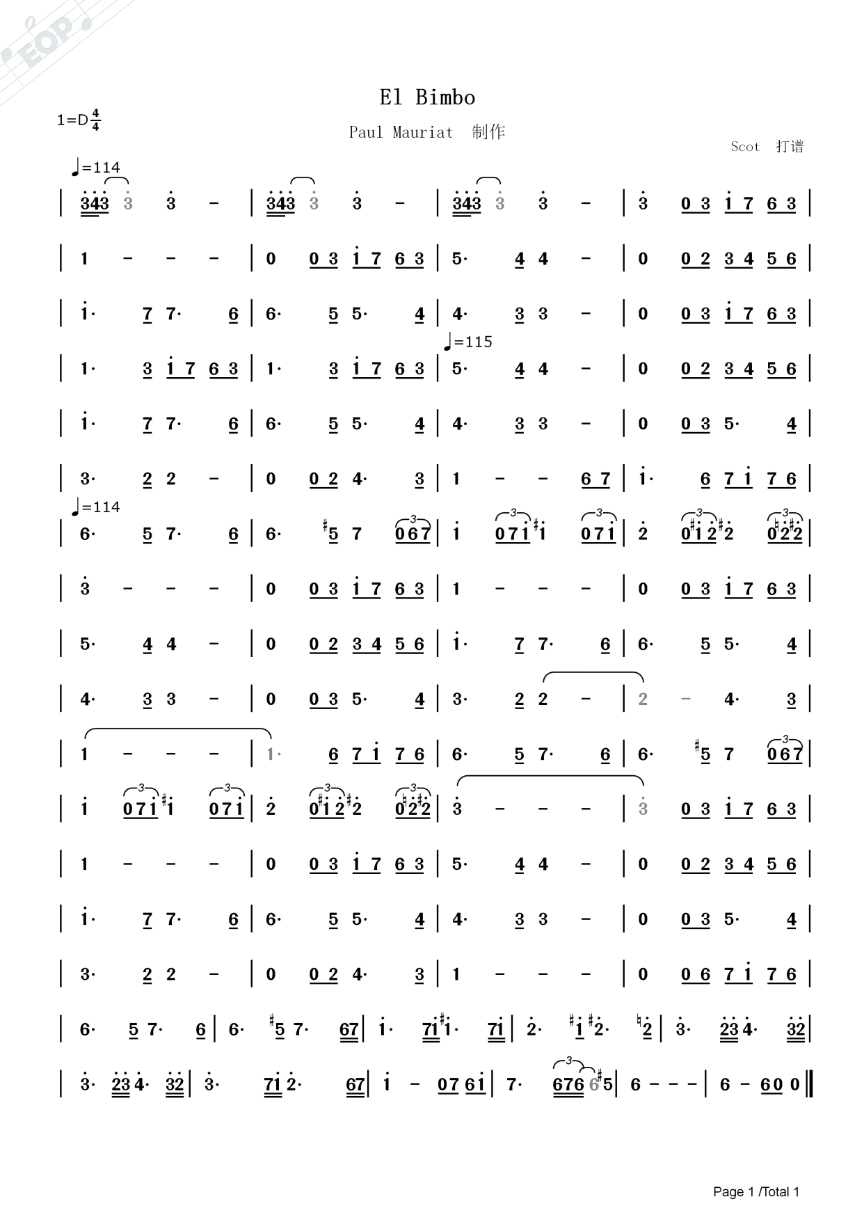 el bimbo(保罗·莫里哀乐团传世经典名曲)——动态简谱