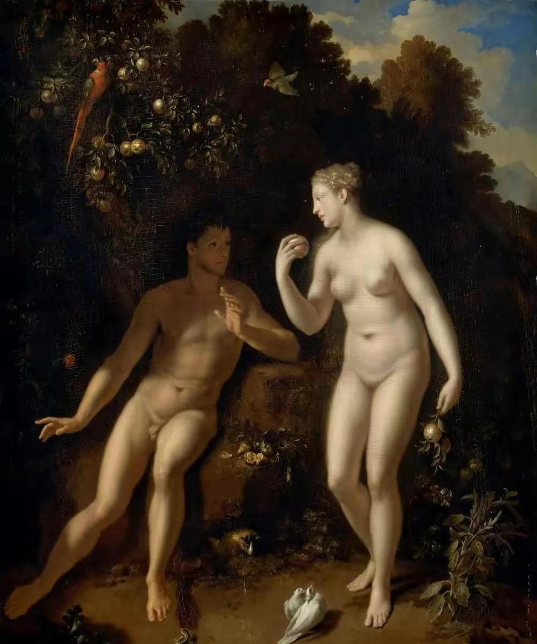 世界名画欣赏-智慧树旁的亚当和夏娃 艺术家阿德里安·凡·德·韦夫