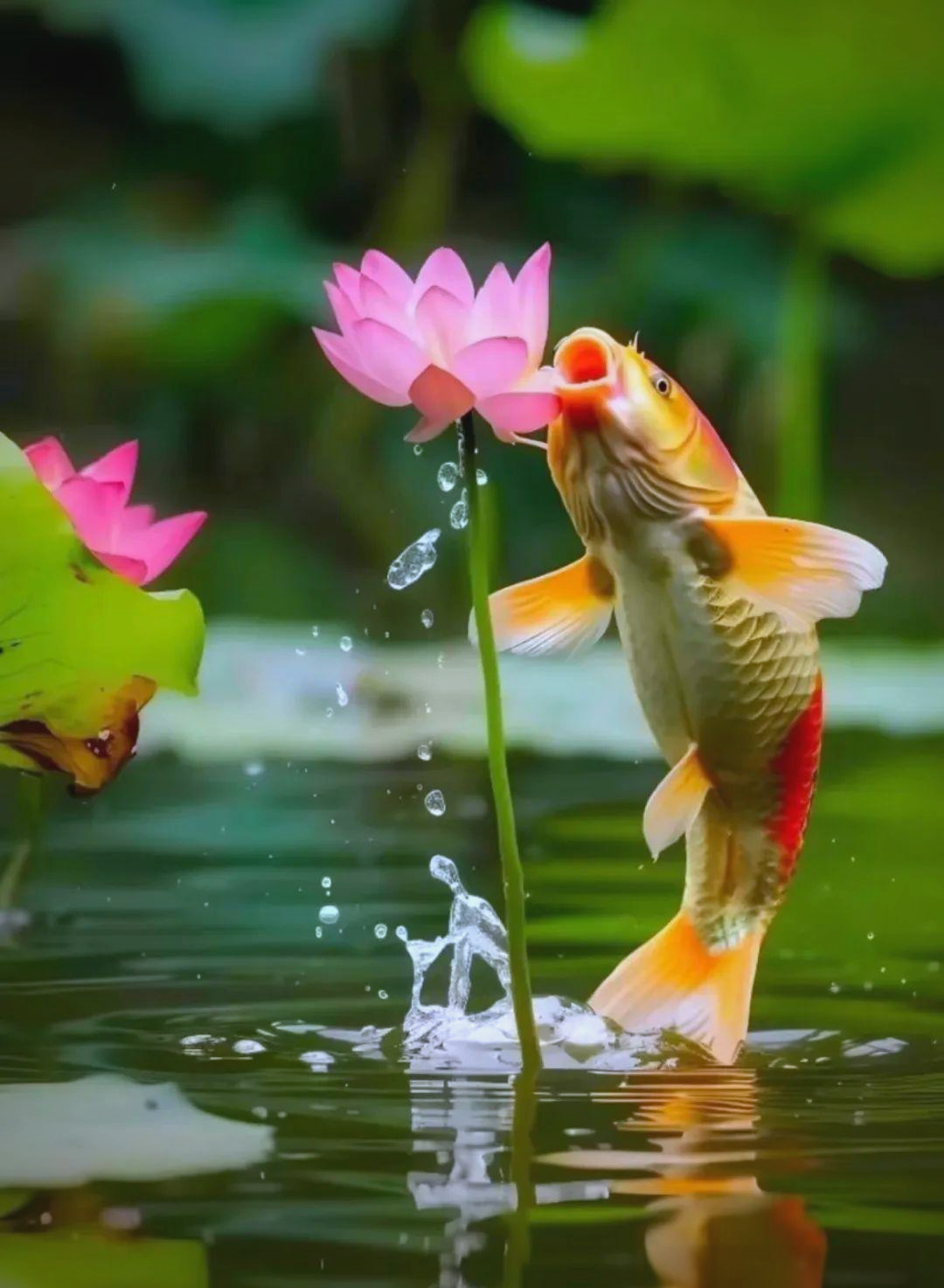 罕见的"鱼咬莲花"奇观,寓意吉祥,愿您福气满满!