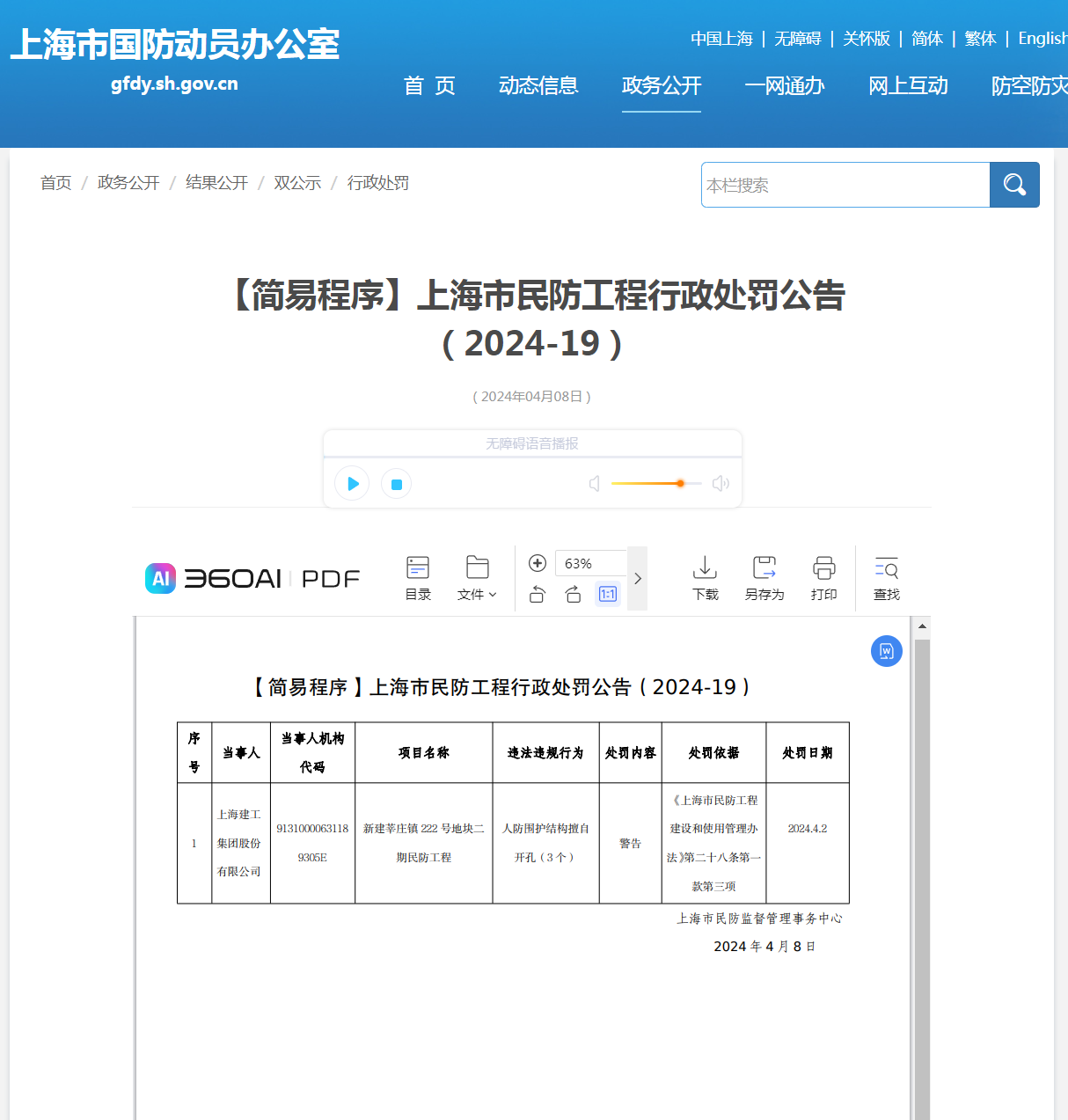 上海建工集团股份有限公司因违反《上海市民防工程建设和使用管理办法