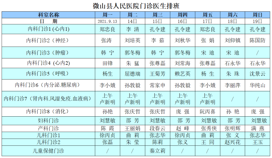 「收藏」我院门诊医生排班表(9月13日-9月19日)