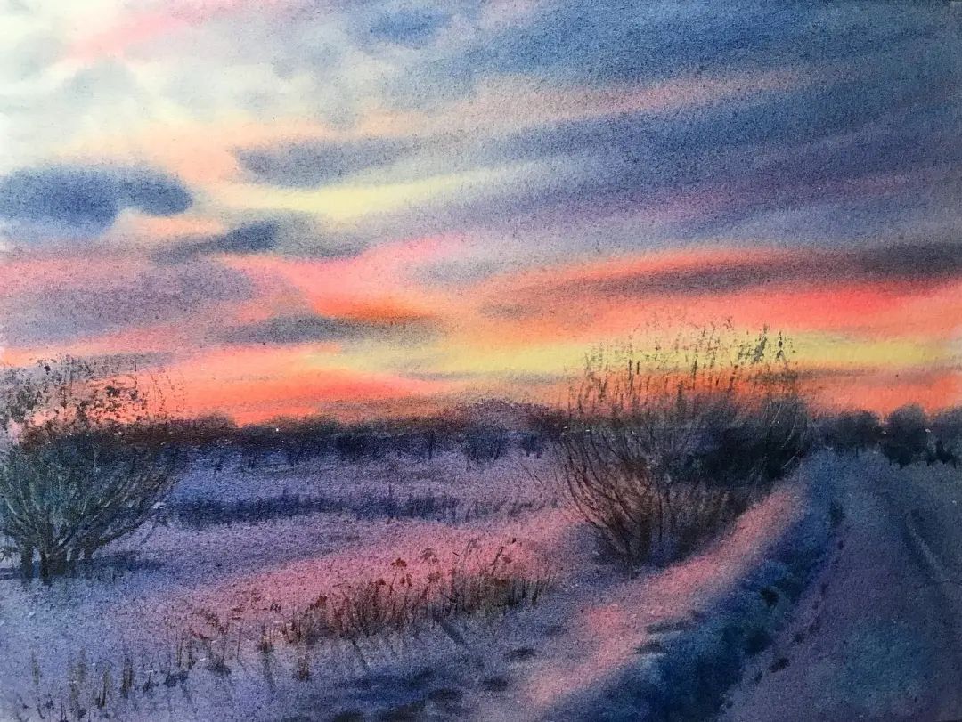 水彩|水彩风景 黄昏晚霞 水天一色 天空 水面的刻画 艺术家Марин