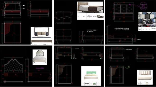 全屋家具床三视图家具设计cad施工图生产下单图家具床彩图模块