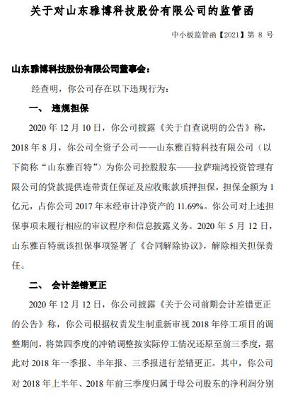 违规替控股股东担保和下修2018年净利润 *st雅博被出示监管函