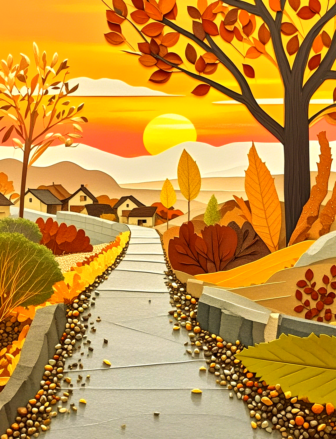 深秋山村贴画:叶,石与晨光共谱的美景