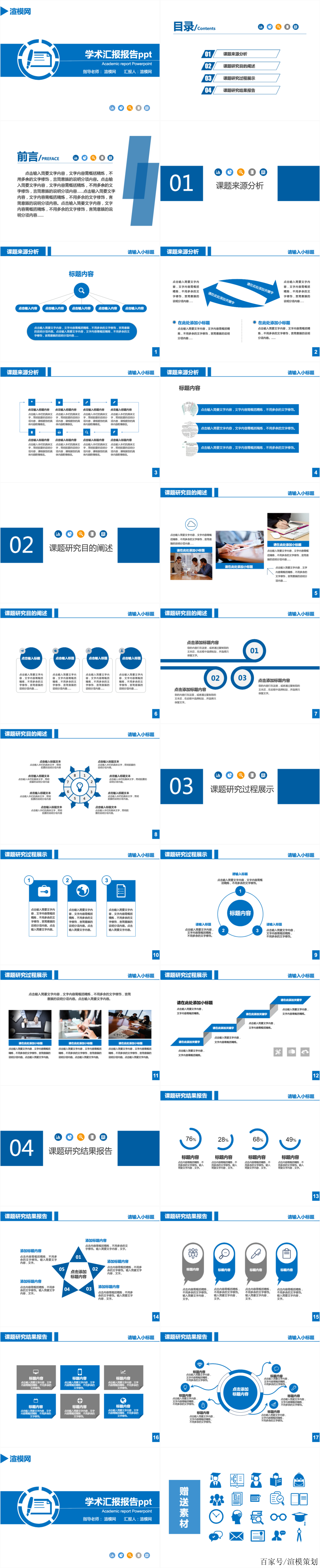 藍色背景扁平風商務通用學術彙報教學總結報告ppt模板