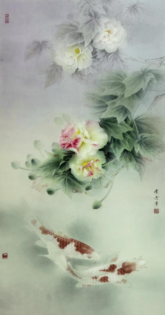 国画《芙蓉鲤鱼图》白描  步骤图 画法!喜欢的朋友收藏关注