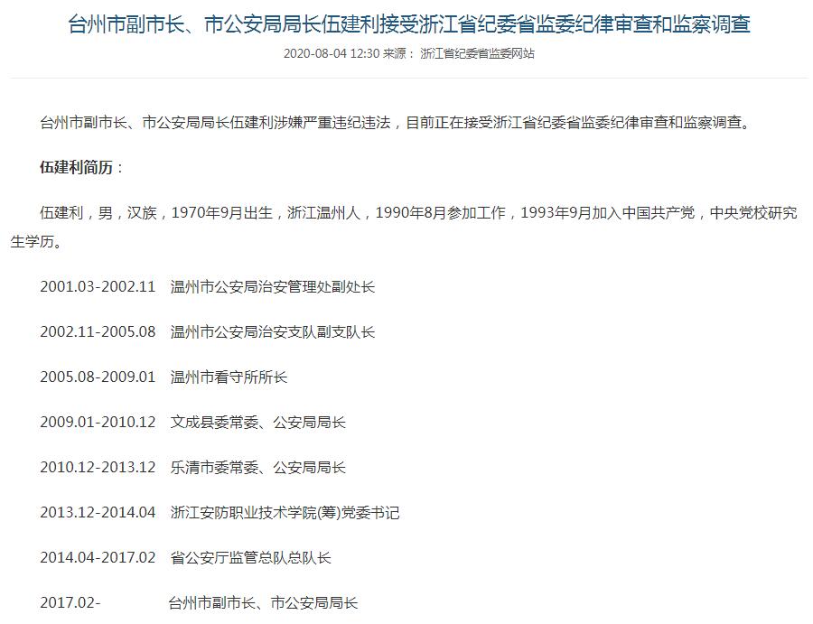 浙江省台州市副市長,市公安局局長伍建利接受審查調查