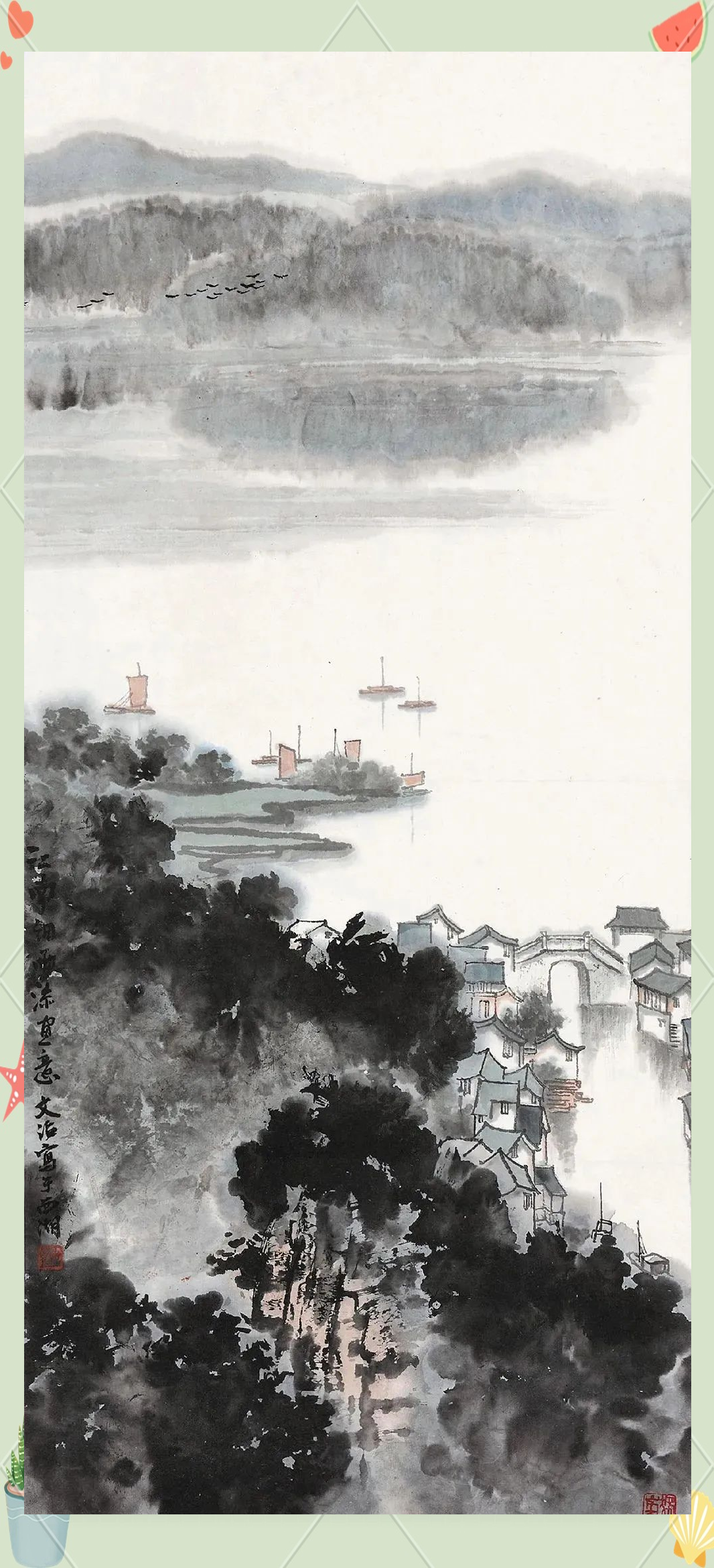 画中,江南水乡在烟雨中显得朦胧而静谧,每一处都透露着细腻的匠心与